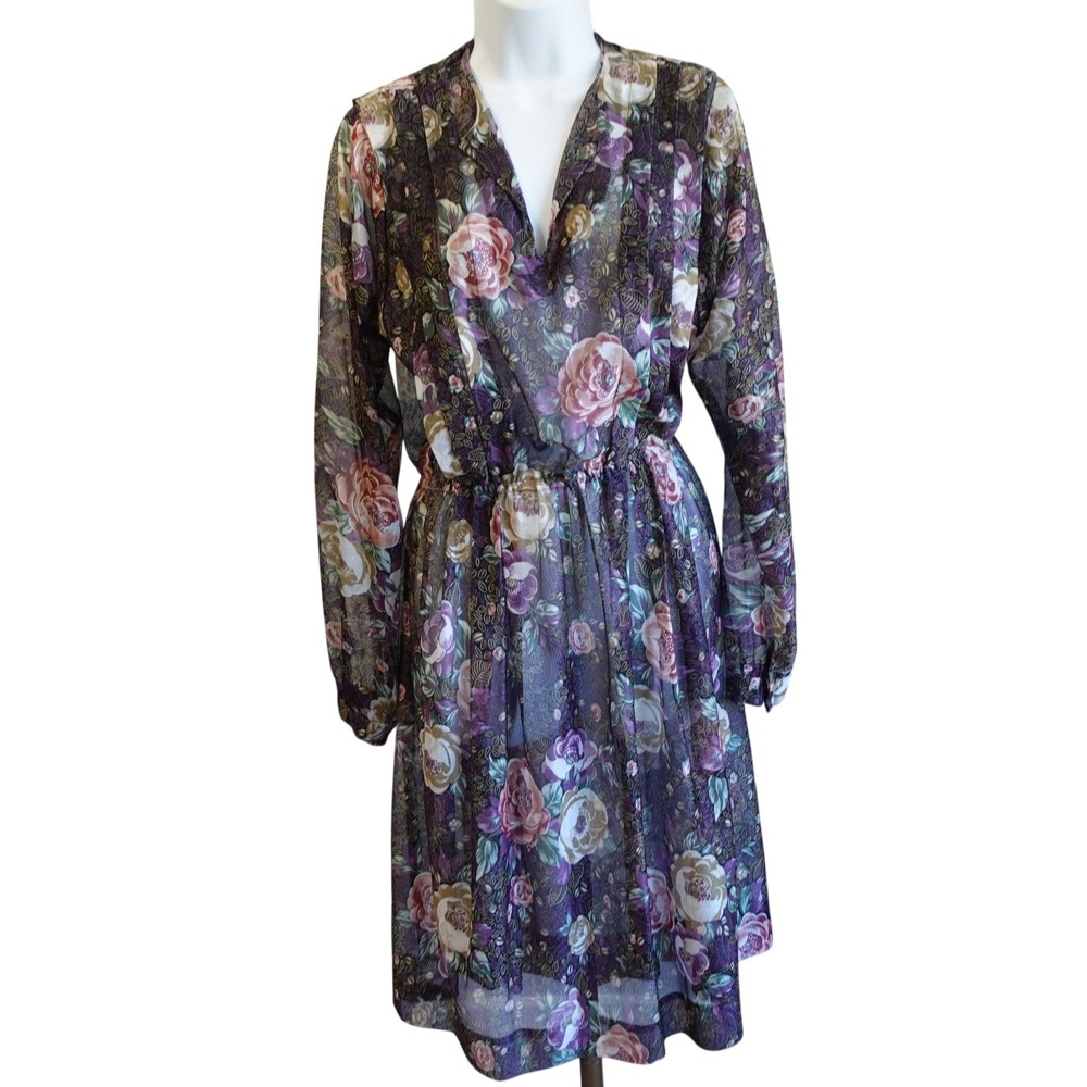 Vintage Hand Made Purple Floral Sheer Gauzy Midi Dress Long‎ Sleeve V-Neck Large